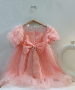 Váy công chúa bé gái tay hoa hồng cao cấp cho bé từ 12 đến 22kg