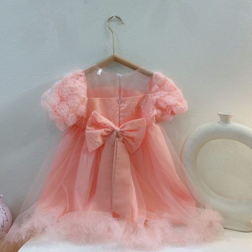 Váy công chúa bé gái tay hoa hồng cao cấp cho bé từ 12 đến 22kg